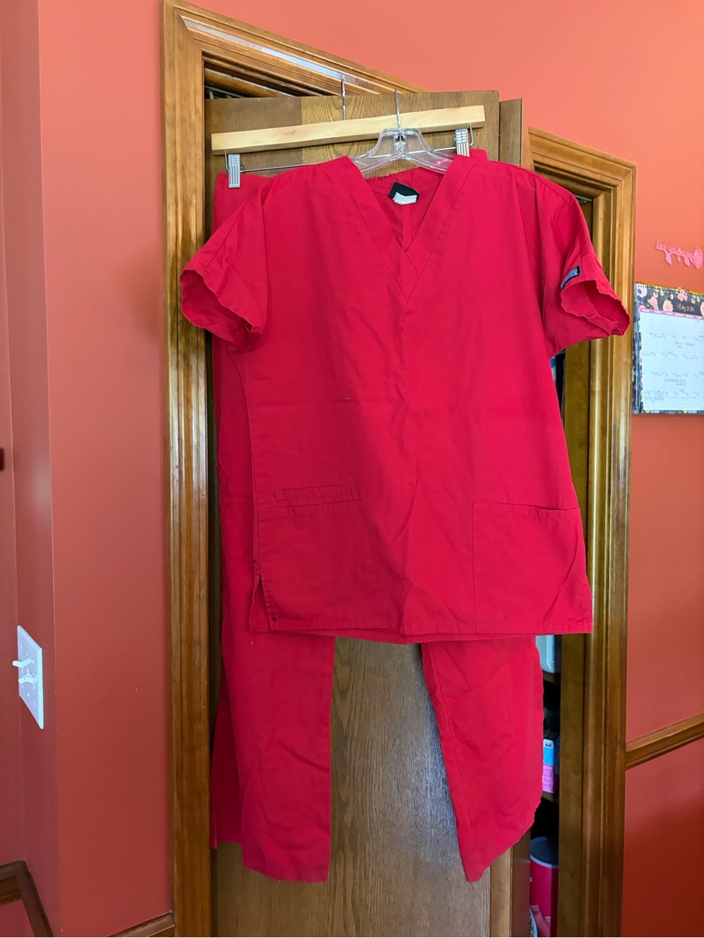 Cherokee workwear Red Medical Scrub Top and flare Pants Set